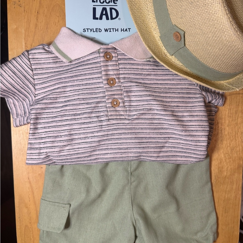 Little Lad 3 Piece |Striped Shirt and Green Shorts Set with Hat - Picture 3 of 6